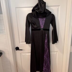 Spirit Halloween hooded‎ black & purple WITCH Maxi dress girls sz S Costume